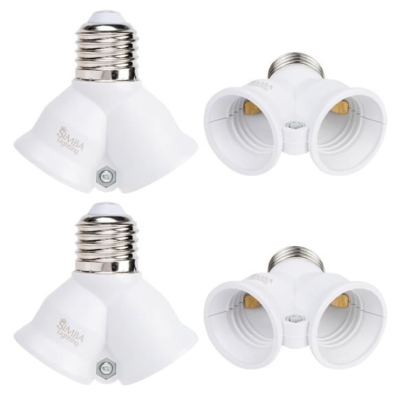 Simba Lighting E26 Light Bulb Socket Adapter Splitter to 2 Heads White, Medium Screw Base, 4-Pack