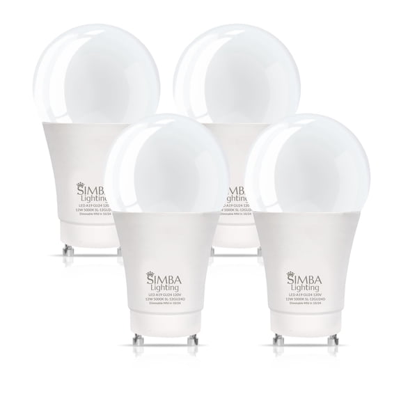 Simba Lighting LED A19 12W 75W 100W Replacement Bulbs Dimmable 120V GU24 Twist Base 5000K Daylight 4-Pack