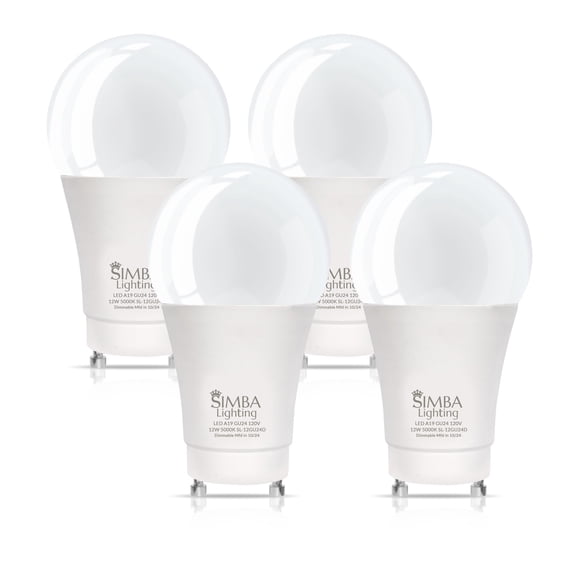 Simba Lighting LED A19 12W 75W 100W Replacement Bulbs Dimmable 120V GU24 Twist Base 5000K Daylight 4-Pack