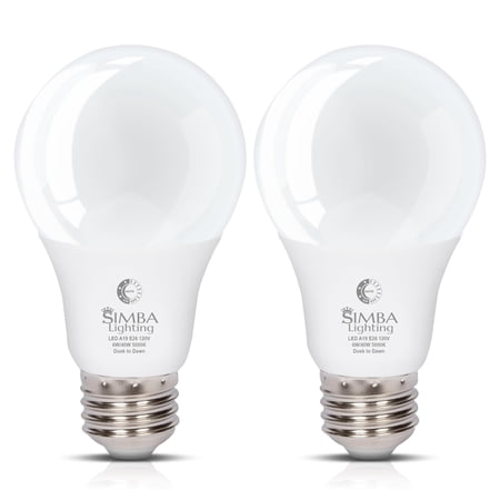 Simba Lighting LED A19 Dusk to Dawn 6W 40W Equivalent Bulbs 120V E26 Base 5000K Daylight 2-Pack