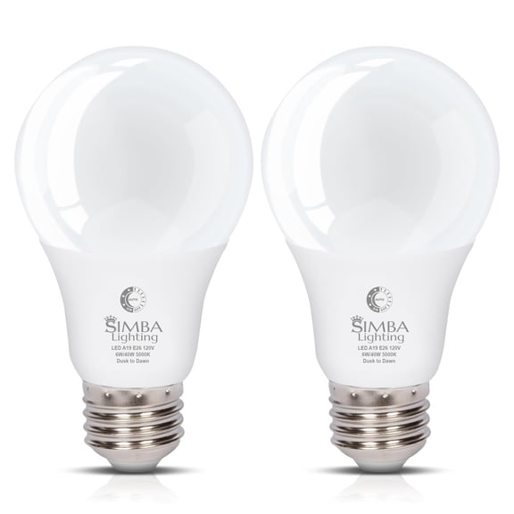 Simba Lighting LED A19 Dusk to Dawn 6W 40W Equivalent Bulbs 120V E26 Base 5000K Daylight 2-Pack