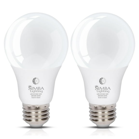Simba Lighting LED A19 Dusk to Dawn 6W 40W Equivalent Bulbs 120V E26 Base 5000K Daylight 2-Pack