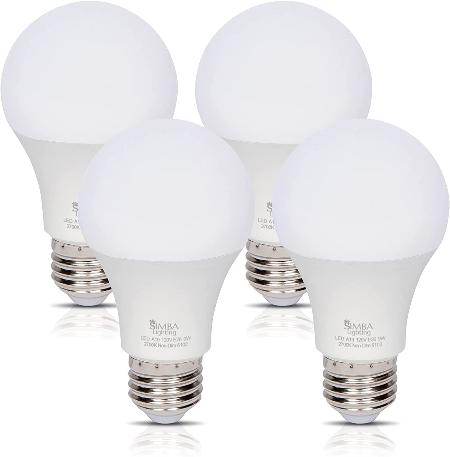 Simba Lighting LED A19 ETL Listed 9W 60W-75W Equivalent Bulbs 120V E26 Base 2700K Warm White 4-Pack