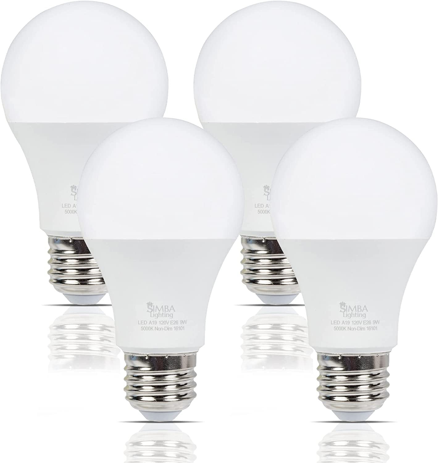 Simba Lighting LED A19 ETL Listed 9W 60W-75W Equivalent Bulbs 120V E26 Base 5000K Daylight 4-Pack