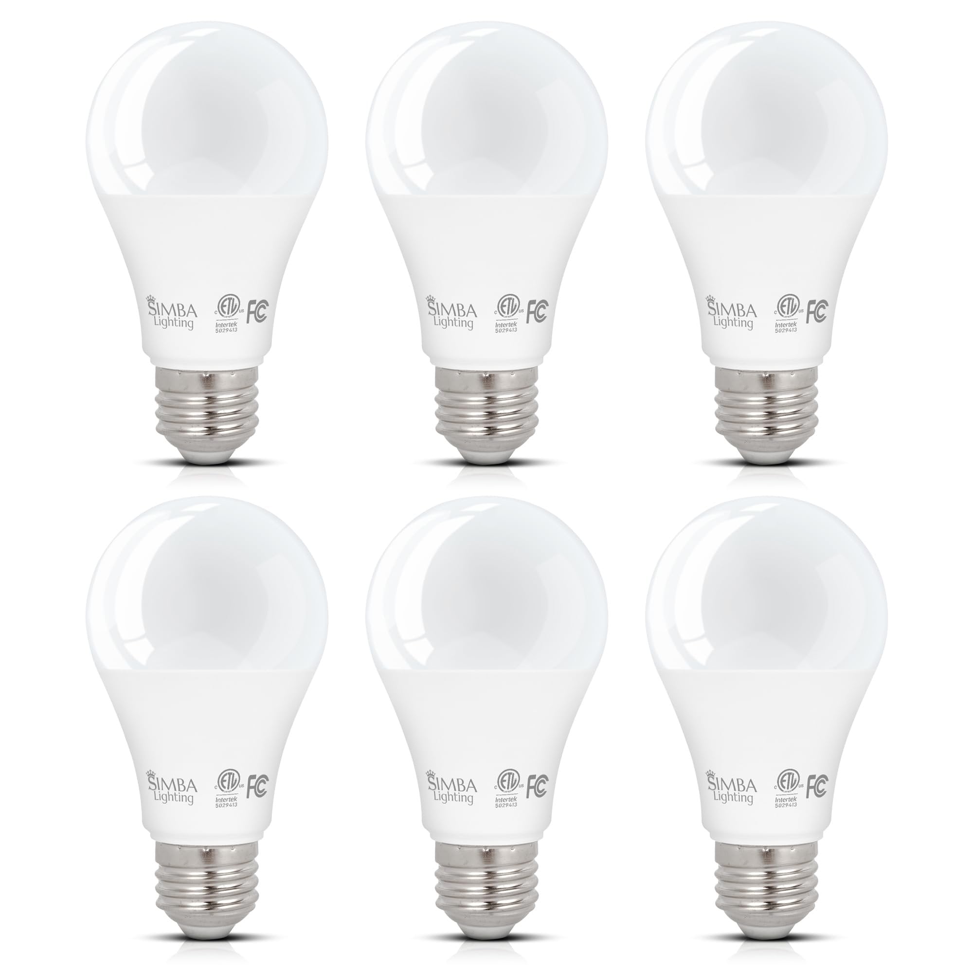 Simba Lighting LED A19 ETL Listed 9W 60W-75W Equivalent Dimmable Bulbs 120V E26 Base 2700K Warm White 6-Pack