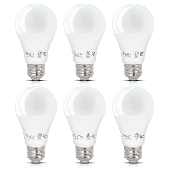 Simba Lighting LED A19 ETL Listed 9W 60W-75W Equivalent Dimmable Bulbs 120V E26 Base 2700K Warm White 6-Pack