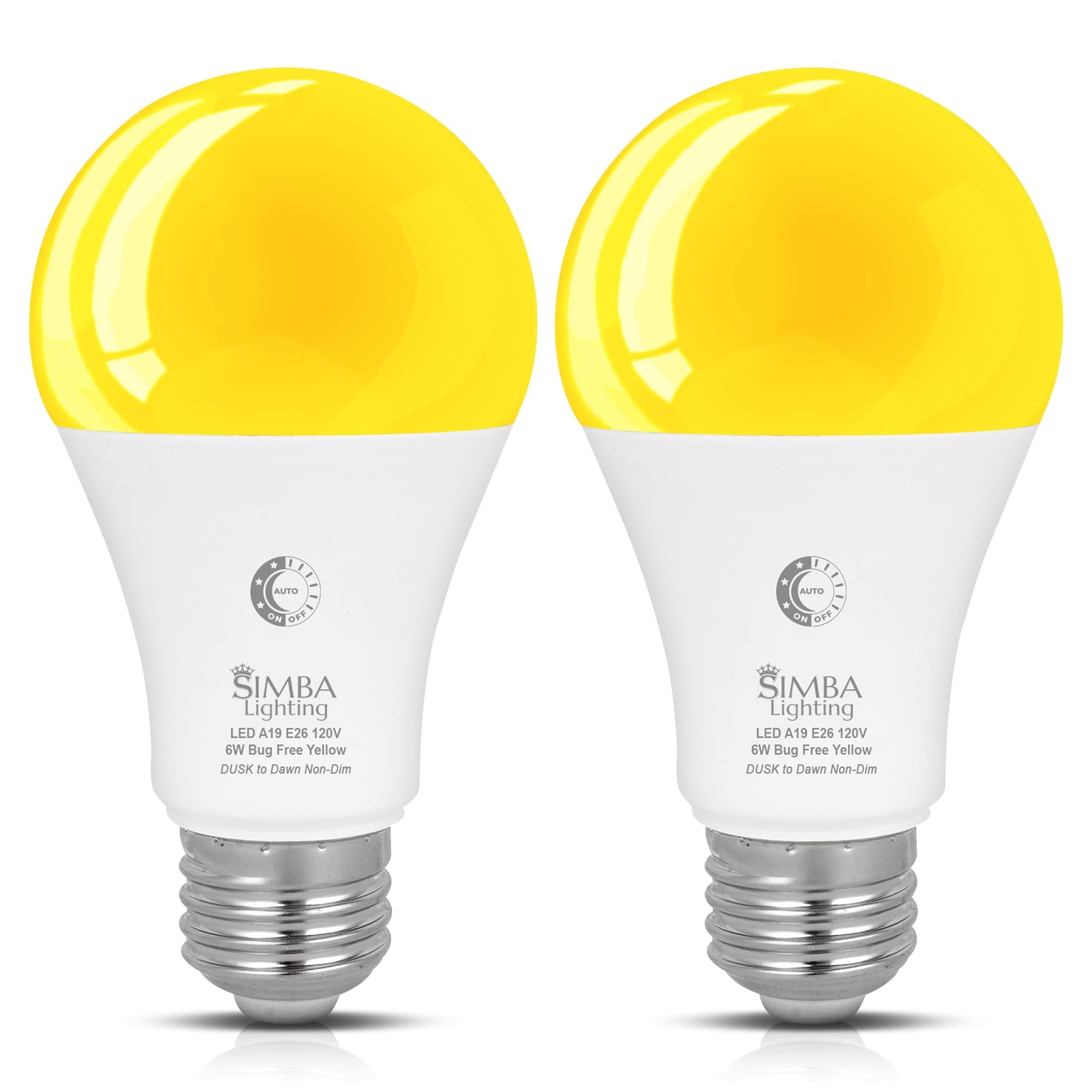 Simba Lighting LED Bug Non-Attracting A19 6W 40W Equivalent Bulbs 120V Dusk-to-Dawn Sensor E26 Base Amber Warm Light 2-Pack