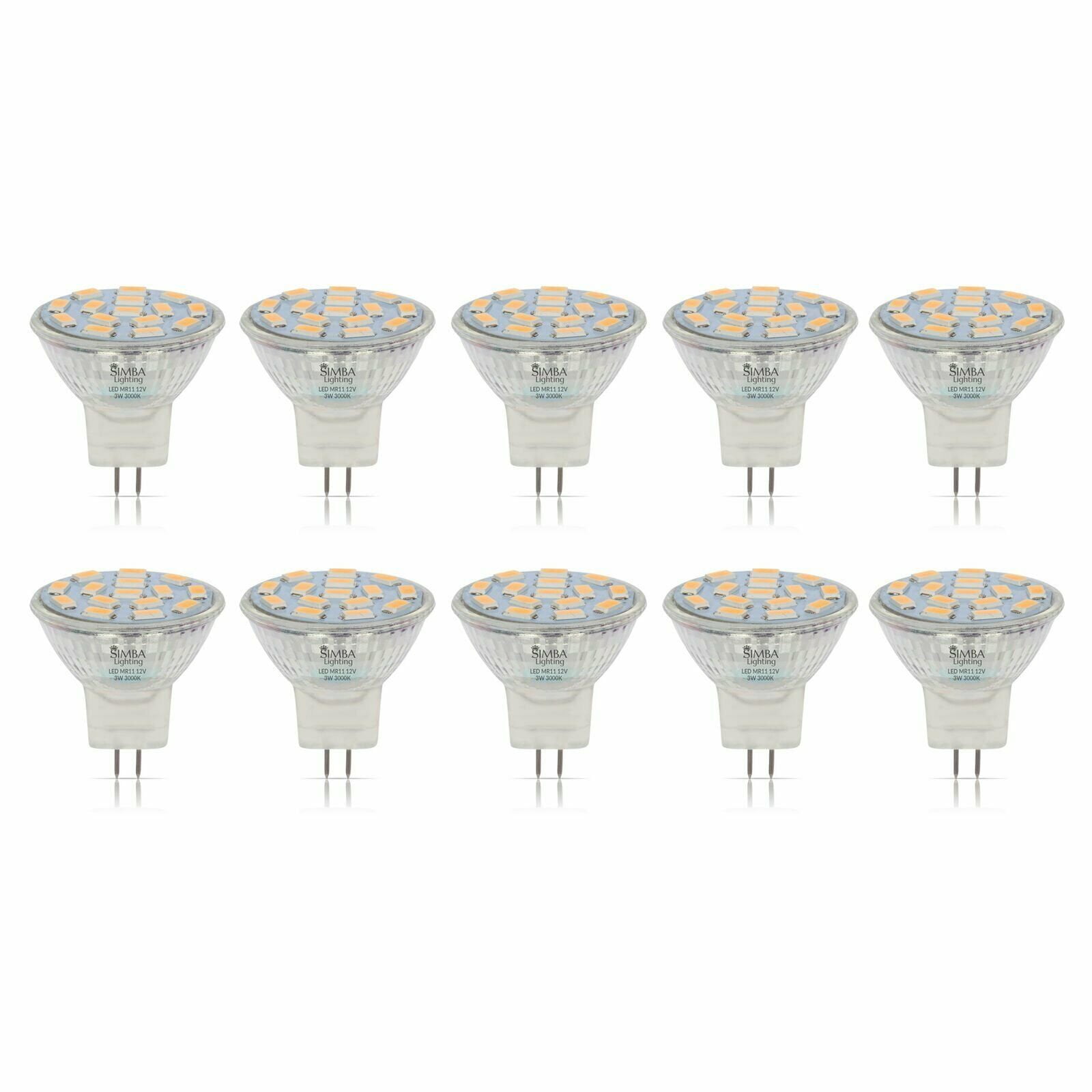 Simba Lighting LED MR11 3W 20W Halogen Replacement Light Bulbs 12V GU4 Bi-Pin 3000K Soft White 10-Pack