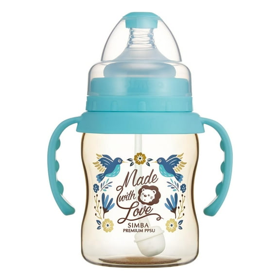 Simba Premium 7 oz PPSU Wide Neck Feeding Bottle with Handle and Weight Straw (Blue, Stage 1 Nipple)