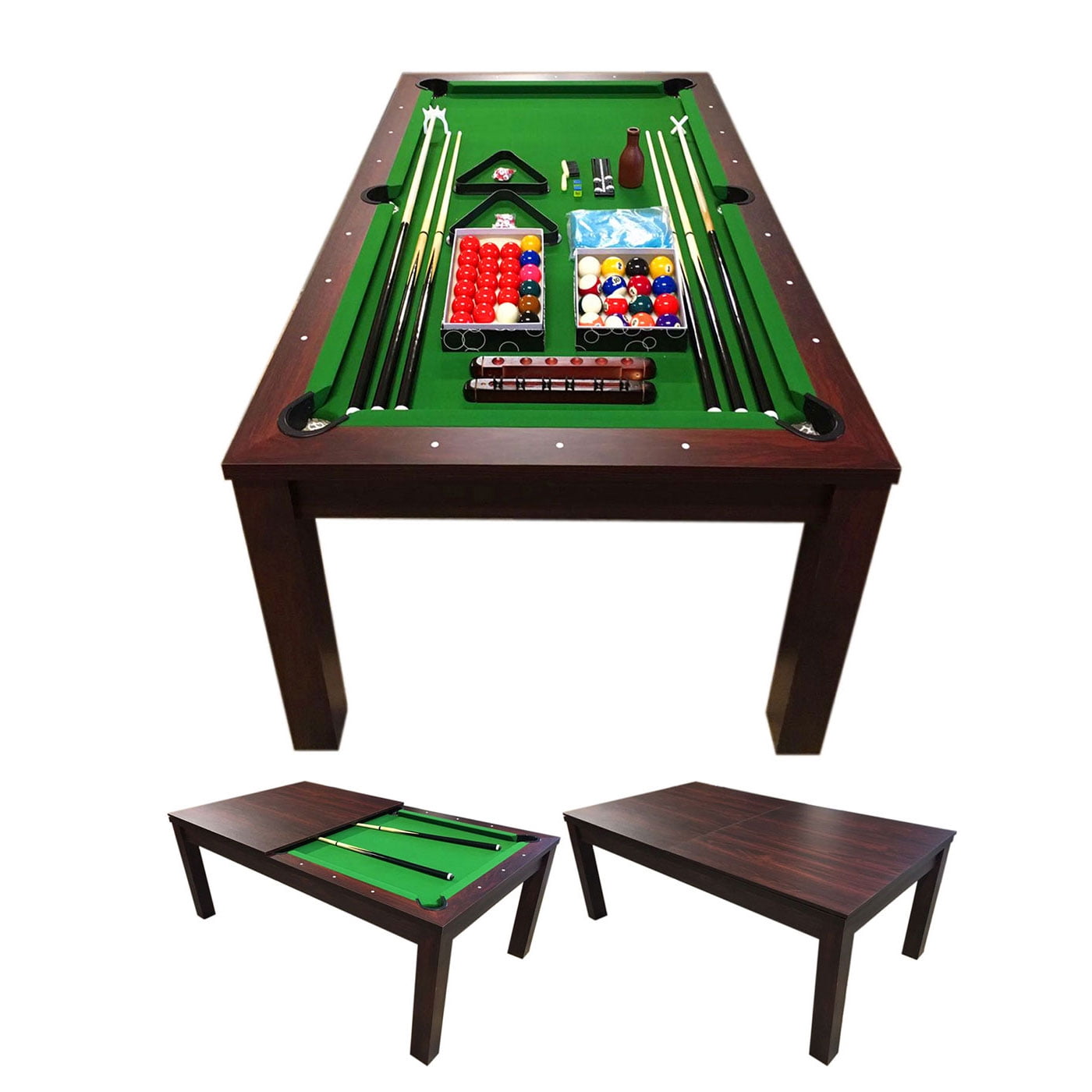 Cherry Wood 7' Pool Table with Green Felt and Dining Top