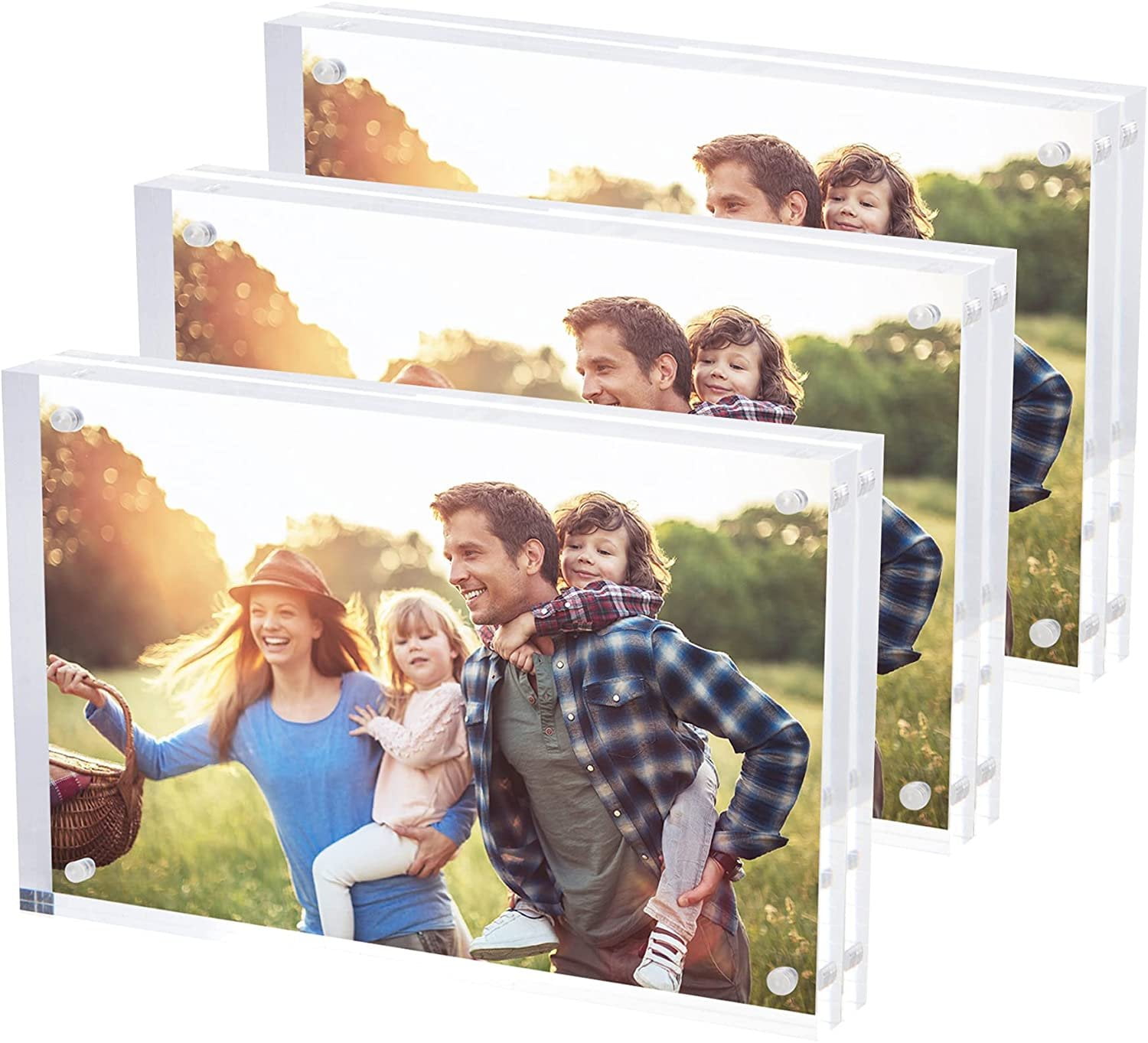 SimbaLux Magnetic Acrylic Photo Frame 4 in x 6 in Free-Standing Clear Desktop Floating Display, Pack of 3