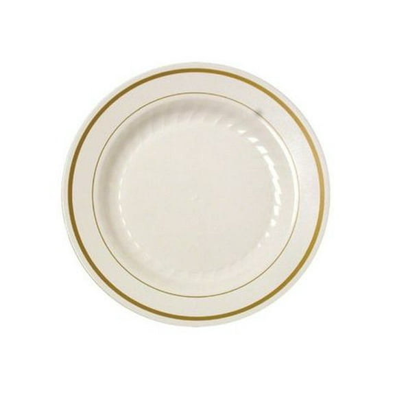 Simcha Collection Gold Splendor 7" Ivory Salad Plastic Plates W/ Gold Band 15 pcs