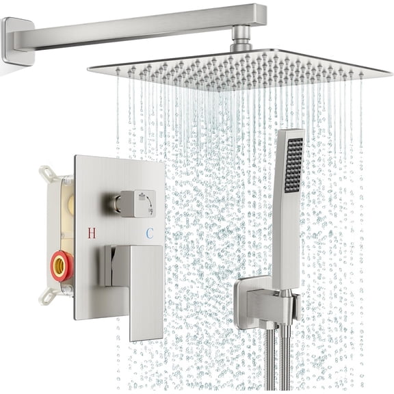 Simenmax 10'' Wall-Mounted Rain Shower System – Square Full Metal Thermostatic Mixing Valve Combo with Handheld Spray, Silver