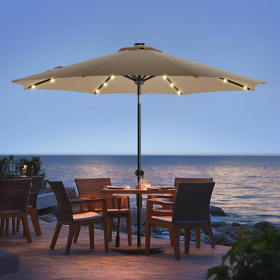 Simenmax 10FT Solar Patio Umbrella with 32 LED Lights, Outdoor Umbrellas Market Umbrella with 8 Sturdy Ribs for Market, Beach, Pool, Garden, Backyard,Brown