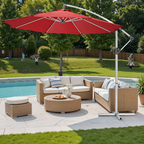 Simenmax 10FT Offset Cantilever Patio Umbrella, Outdoor Table Umbrella with 8 Sturdy Ribs, Market Table Parasol for Garden, Lawn, Backyard, Pool, Red