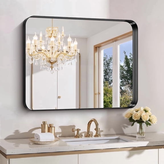 Simenmax 16''x20'' Bathroom Mirrors for Over Sink, Rounded Rectangular Vanity Mirror, Wall Mounted Mirrors, Framed Vanity Mirror, Horizontal or Vertical, Black
