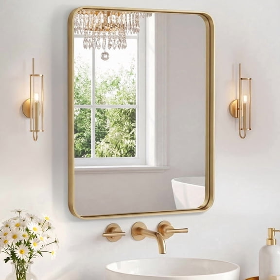 Simenmax 16''x20'' Bathroom Mirrors for Over Sink, Rounded Rectangular Vanity Mirror, Wall Mounted Mirrors, Framed Vanity Mirror, Horizontal or Vertical, Gold