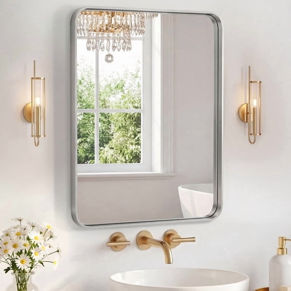 Simenmax 16''x20'' Bathroom Mirrors for Over Sink, Rounded Rectangular Vanity Mirror, Wall Mounted Mirrors, Framed Vanity Mirror, Horizontal or Vertical, S ilver