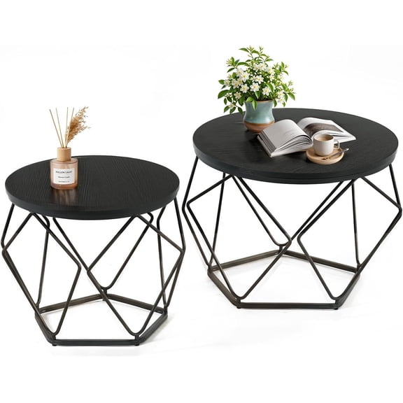 Simenmax 2-Piece Round Nesting Coffee Table Set with Hidden Storage, Modern Geometric Side Tables and Movable End Tables for Living Room, Black