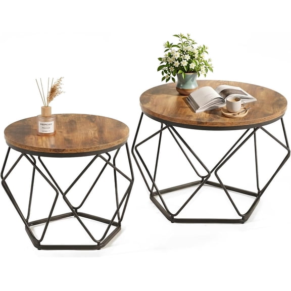 Simenmax 2-Piece Round Nesting Coffee Table Set with Hidden Storage, Modern Geometric Side Tables and Movable End Tables for Living Room, Brown