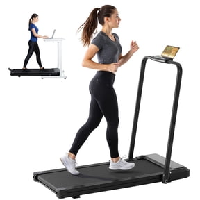 Simenmax 2-in-1 Foldable Walking Treadmill with Handrails, Quiet Under Desk Treadmill for Home Office, Remote Control, LED Display, 265lbs Capacity, Black
