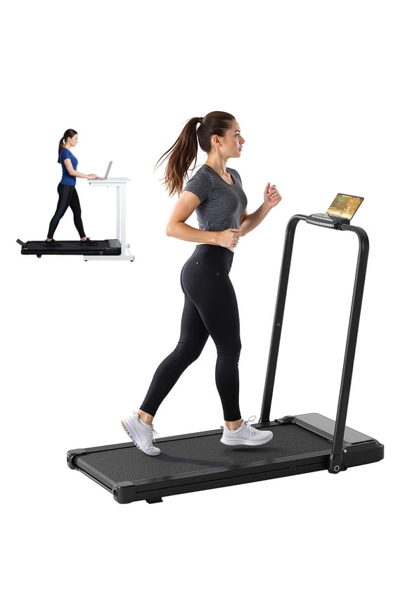 2-in-1 Foldable Walking Treadmill with Handrails, Quiet Under Desk Treadmill for Home Office, Remote Control, LED Display, 265lbs Capacity, Black