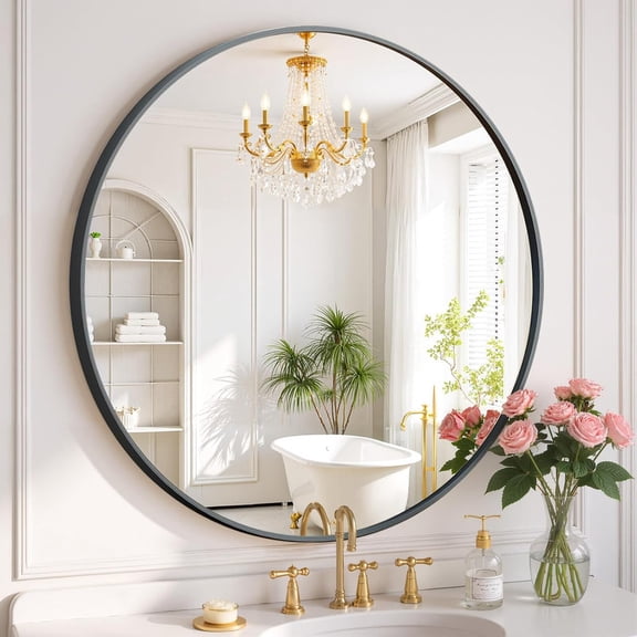 Simenmax 20''Round Wall Mirror, Metal Frame Bathroom Mirror for Bathroom Vanity, Entryway, Bedroom, Living Room, Large Circle Decorative Mirror,Black