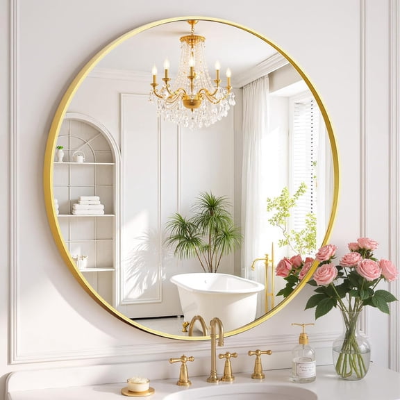Simenmax 20''Round Wall Mirror, Metal Frame Bathroom Mirror for Bathroom Vanity, Entryway, Bedroom, Living Room, Large Circle Decorative Mirror,Gold