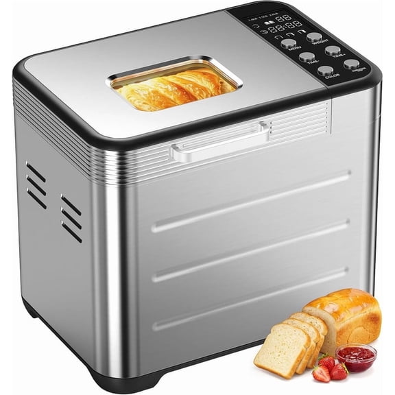 Simenmax 21-in-1 Automatic Bread Machine, 2LB Stainless Steel Bread Maker with 360° Even Baking, 650W Smart Touch Panel,Silver