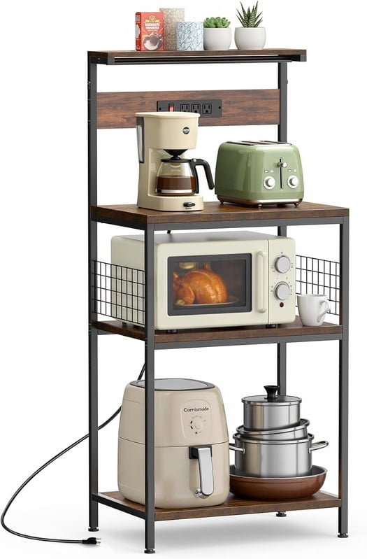 Simenmax 23.6" Kitchen Bakers Rack with Power Outlet, 4-Tier Adjustable Microwave Stand, Coffee Bar Station, Brown Storage Shelf Appliance Organizer