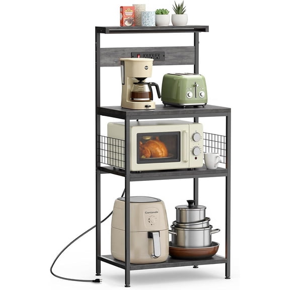 Simenmax 23.6" Kitchen Bakers Rack with Power Outlet, 4-Tier Adjustable Microwave Stand, Coffee Bar Station, Gray Storage Shelf Appliance Organizer