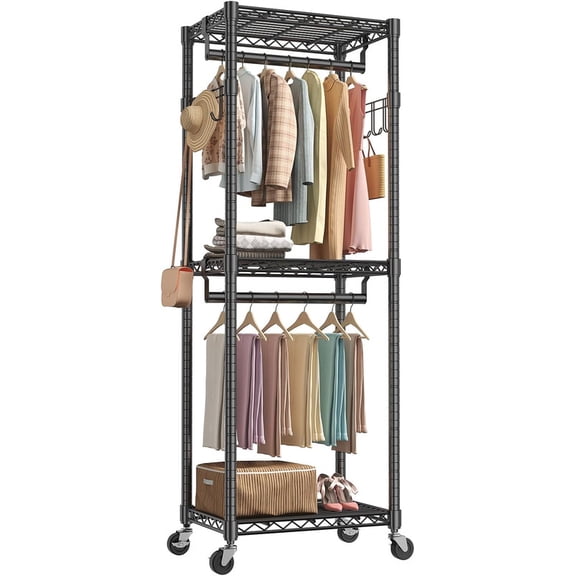 Simenmax 23'' Clothes Rack with Wheels, 360° Lockable Rolling Garment Rack, Double Rods & Side Hooks Freestanding Closet Organizer,Black