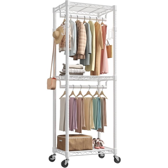 Simenmax 23'' Clothes Rack with Wheels, 360° Lockable Rolling Garment Rack, Double Rods & Side Hooks Freestanding Closet Organizer,White