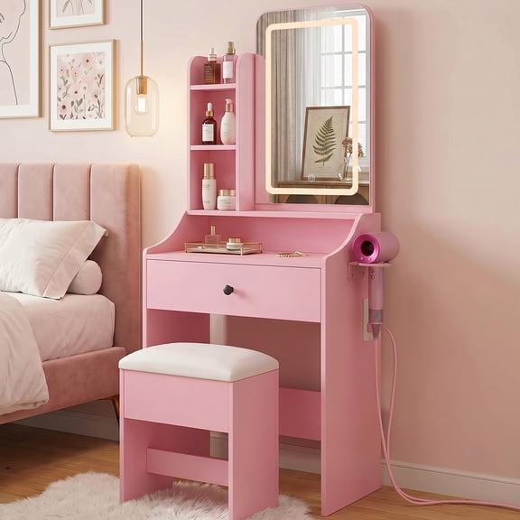 Simenmax 24" Pink Makeup Vanity Set with Mirror, Built-in Power Outlet & 3 Lighting Modes, Vanity Desk with Stool, Space-Saving Beauty Station with USB & Hairdryer Holder