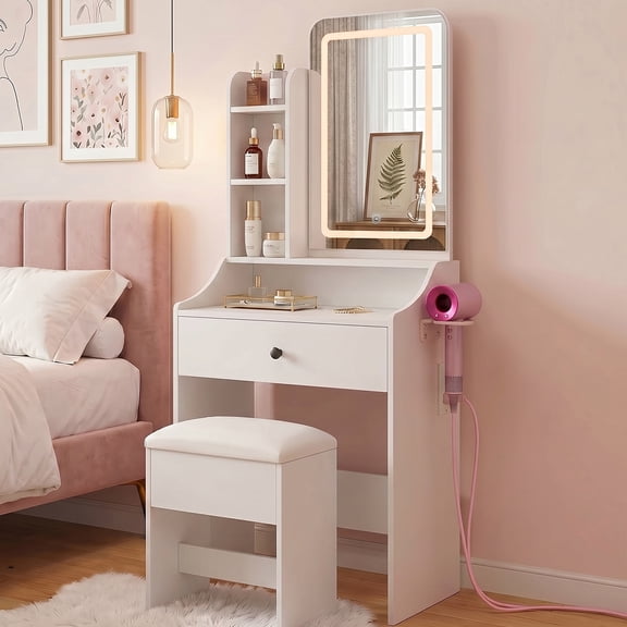 Simenmax 24" White Makeup Vanity Set with Mirror, Built-in Power Outlet & 3 Lighting Modes, Vanity Desk with Stool, Space-Saving Beauty Station with USB & Hairdryer Holder
