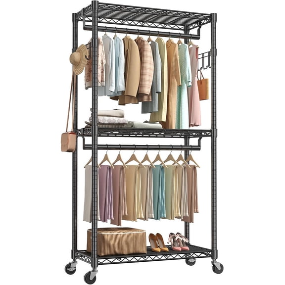 Simenmax 29'' Clothes Rack with Wheels, 360° Lockable Rolling Garment Rack, Double Rods & Side Hooks Freestanding Closet Organizer,Black