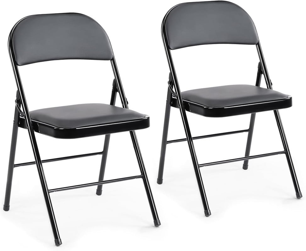 Simenmax 2PCS Folding Chair Padded, Leather Portable Stackable Chair with Steel Frame - Indoor Outdoor Use for Home, Office, Party, Wedding, Church, Black