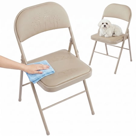 Simenmax 2PCS Folding Chair Padded, Leather Portable Stackable Chair with Steel Frame - Indoor Outdoor Use for Home, Office, Party, Wedding, Church, Khaki