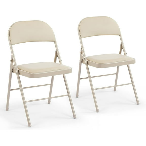 Simenmax 2PCS Folding Chair Padded, Leather Portable Stackable Chair with Steel Frame - Indoor Outdoor Use for Home, Office, Party, Wedding, Church, Khaki