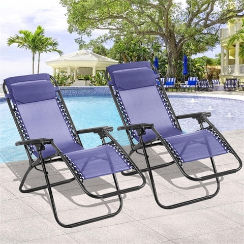 Simenmax Zero Gravity Chair Set of 2, Reclining Folding Outdoor Chairs with Adjustable Headrest & Cup Holder, Anti - Gravity Loungers for Backyard, Patio, Lawn, Poolside,Blue