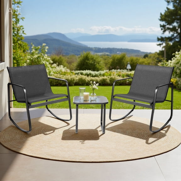 Simenmax 3-Piece Outdoor Rocking Set, Outdoor Furniture Set with Textilene Chairs & Glass-Top Table, Conversation Set of 3 for Porch, Lawn, Garden, Yard, Balcony, Poolside, Black