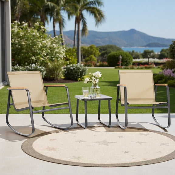 Simenmax 3-Piece Outdoor Rocking Set, Outdoor Furniture Set with Textilene Chairs & Glass-Top Table, Conversation Set of 3 for Porch, Lawn, Garden, Yard, Balcony, Poolside, Brown