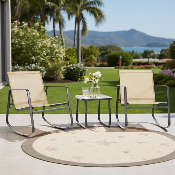 Simenmax 3-Piece Outdoor Rocking Set, Outdoor Furniture Set with Textilene Chairs & Glass-Top Table, Conversation Set of 3 for Porch, Lawn, Garden, Yard, Balcony, Poolside, Brown