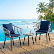 Simenmax 3 Piece Patio Wicker Furniture Set, Outdoor Rattan Chairs with Tempered Glass Coffee Table, Comfortable Washable Cushions for Balcony, Backyard, Poolside, Blue Gray