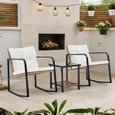 Simenmax 3-Piece Wicker Outdoor Rocking Chair Bistro Conversation Set with Creamy White Cushions