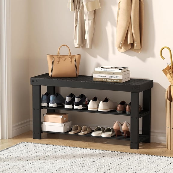 Simenmax 3-Tier Bamboo Shoe Rack Bench, 19.7'' Storage Organizer, Entryway Bench with Shoe Storage, Black Finish for Bedroom Living Room Balcony