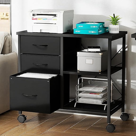 Simenmax 3-Tier Mobile Filing Cabinet, Heavy-Duty Printer Stand with Lockable Wheels & Fabric Drawers, Space-Saving Office Table for Home Office, Black