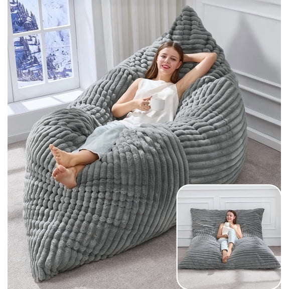 Simenmax 3-in-1 Giant Bean Bag Chair, 66" Oversized Couch with Corduroy Cover, Convertible Lounger for Living Room, Bedroom, Gaming & Home Theater (Grey)