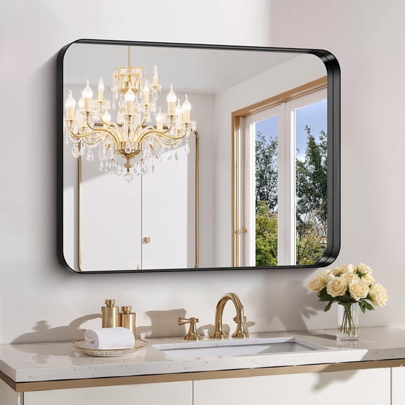 Simenmax 30''x36'' Bathroom Mirrors for Over Sink, Rounded Rectangular Vanity Mirror, Wall Mounted Mirrors, Framed Vanity Mirror, Horizontal or Vertical, Black