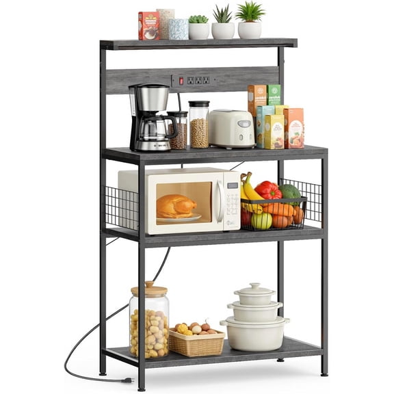 Simenmax 31.5" Kitchen Bakers Rack with Power Outlet, 4-Tier Adjustable Microwave Stand, Coffee Bar Station, Gray Storage Shelf Appliance Organizer